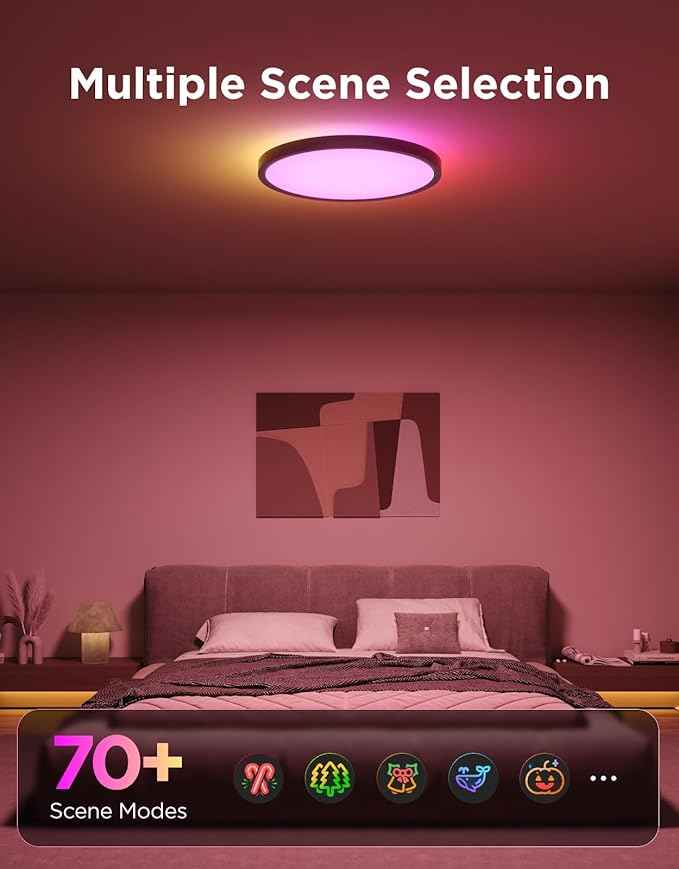 Govee Smart Ceiling Light, RGBIC LED Ceiling Light Fixture, 2400LM Flush Mount Light Fixture, DIY Colors, Works with Alexa, 2200K-6500K for Bedroom, Living Room, 12 Inch, 1 Pack, Black