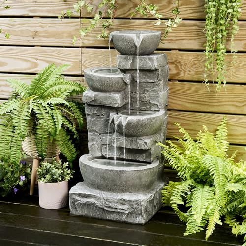 33.25 in. Cascading Bowls and Stacked Stones LED Outdoor Water Fountain for Gardens