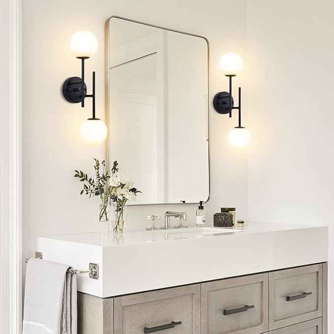 Black Globe Wall Sconces, 2-Light Modern Matte Black Vanity Lights with White Globe Glass Shade, Industrial Farmhouse Wall Lamp for Bedroom, Living Room, Kitchen, Bathroom