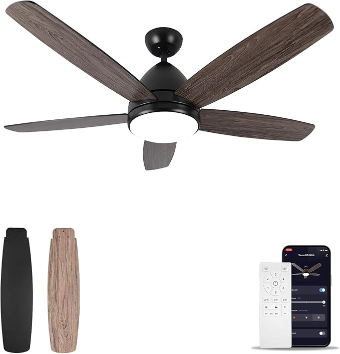 Smart Ceiling Fan with Light, 52 Inch Modern Black Outdoor Ceiling Fan and Remote/App, Dimmable Tri-Color LED and Reversible Motor for Indoor Bedroom/Outdoor Covered Patio - Aura Lighting