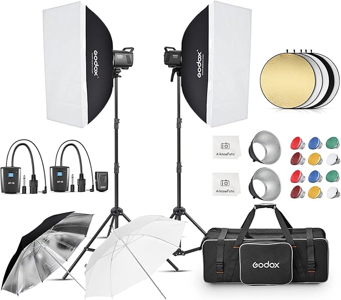 Godox 2pcs MS300V 600W Studio Strobe Flash Light Kit,2.4G Bowens Mount Lighting Flash GN58 5800K with AT-16 Trigger,Light Stands,Softboxes,Umbrella,Reflector,Carry Bag for Portrait Product Photography
