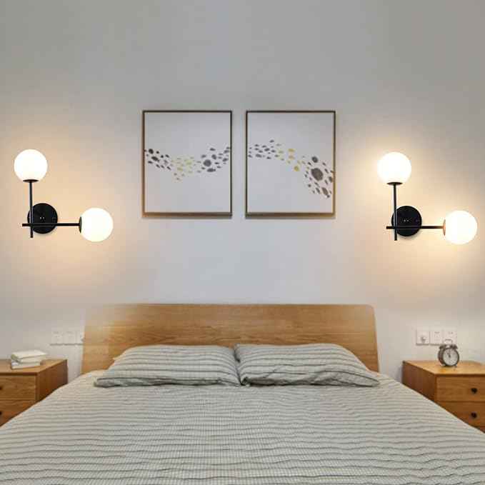Black Globe Wall Sconces, 2-Light Modern Matte Black Vanity Lights with White Globe Glass Shade, Industrial Farmhouse Wall Lamp for Bedroom, Living Room, Kitchen, Bathroom