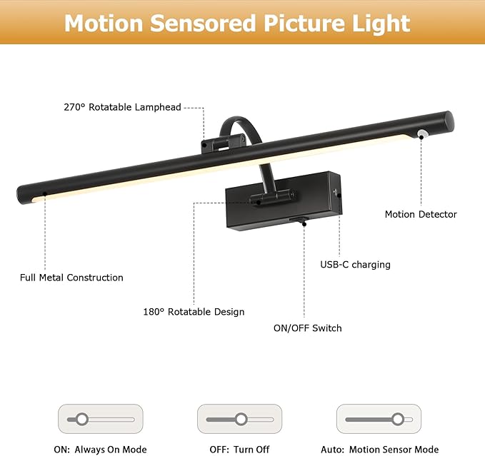 Wireless Black Picture Lights for Wall Motion Activated, Motion Sensor Gallery Lights Auto-Off Art Lights for Portraits Display 24 Inch 5W Warm White