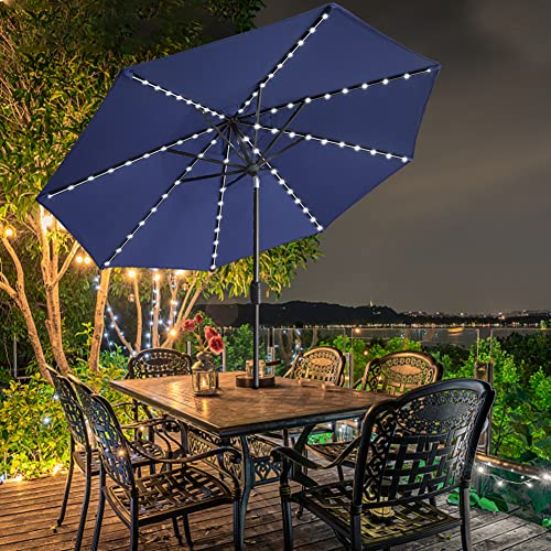 USA 10-Year-Non-Fading 9ft Market Patio Umbrella, Commercial Grade Table Sun Umbrella with 80 Solar LED Lights, Crank Open, Windproof & UPF 50+ UV Protection for Garden, Deck, Pool, Backyard, Navy Blue