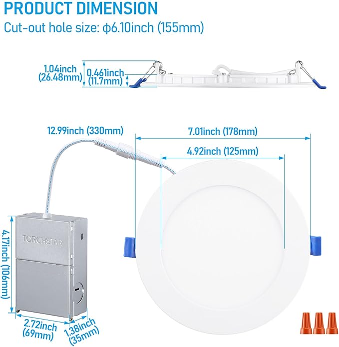 TORCHSTAR Basic Series 12-Pack 6 Inch Ultra-Thin LED Recessed Lighting with Junction Box, CRI90, Aluminum, 5000K Daylight, 5%-100% Dimmable Slim Recessed Downlight, 12W 1100LM, ETL and Energy Star