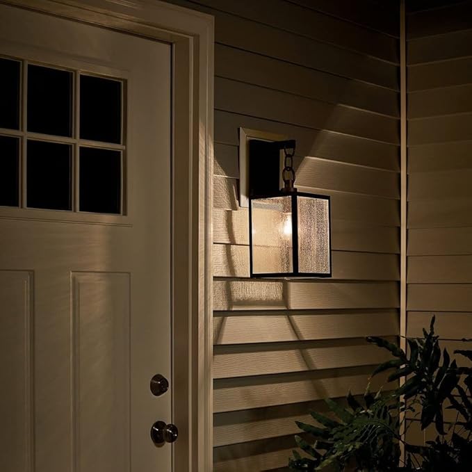 KICHLER Lahden 12.25" Outdoor Lantern Lodge 1 Light Wall Light Fixture with Clear Seeded Glass Panels in Textured Black for Porch, Patio or Garage Entrance (5.75" x 5" x 12.25") 59005BKT