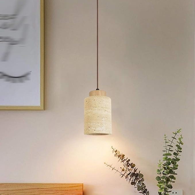 Wabi Sabi Yellow Cave Stone Pendant Light Natural Stone Shade Nordic Wood Chandelier,Japanese Style Lights Natural Stone Lamp For Dining Room Bedside Kitchen Island Hallway