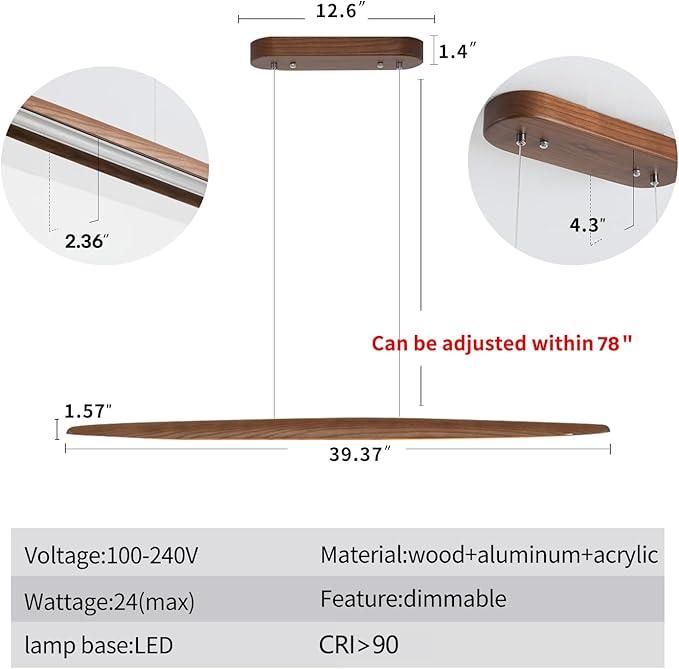 39" Wood Linear Pendant Light LED Dimmable Hanging Light Dinning Room Light Fixture Island Lights 24w for Dining Room Kitchen Island Bar Walnut Color - Aura Lighting
