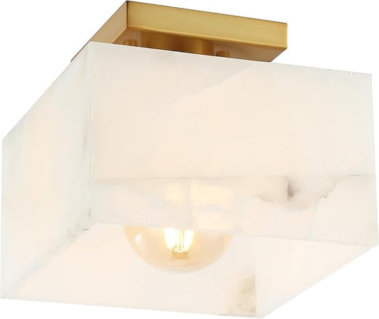 JONATHAN Y 5" White Marbling/Brass Gold Modern 1-Light Semi Flush Mount Ceiling Light for Bedroom, Cube White Alabaster Marble Shade, Mid-Century Minimalist Fixture, LED Bulb Included (JYL1203A)