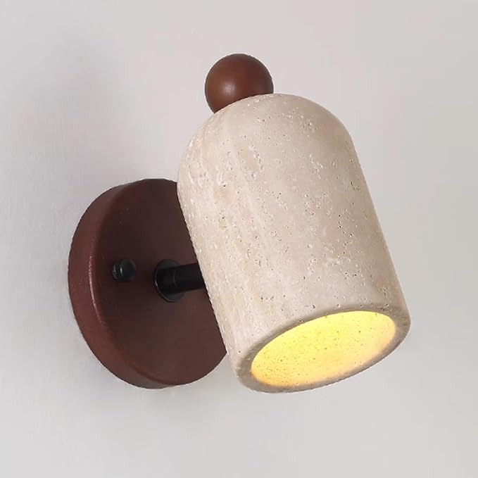Natural Yellow Travertine Wall Lamp, Adjustable Marble Wall Mounted Light with Wood Base, Japanese Wabi Sabi Style Stone Wall Sconce for Bedroom Bedside Living Room Study(Walnut)
