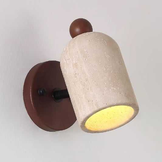 Natural Yellow Travertine Wall Lamp, Adjustable Marble Wall Mounted Light with Wood Base, Japanese Wabi Sabi Style Stone Wall Sconce for Bedroom Bedside Living Room Study(Walnut)