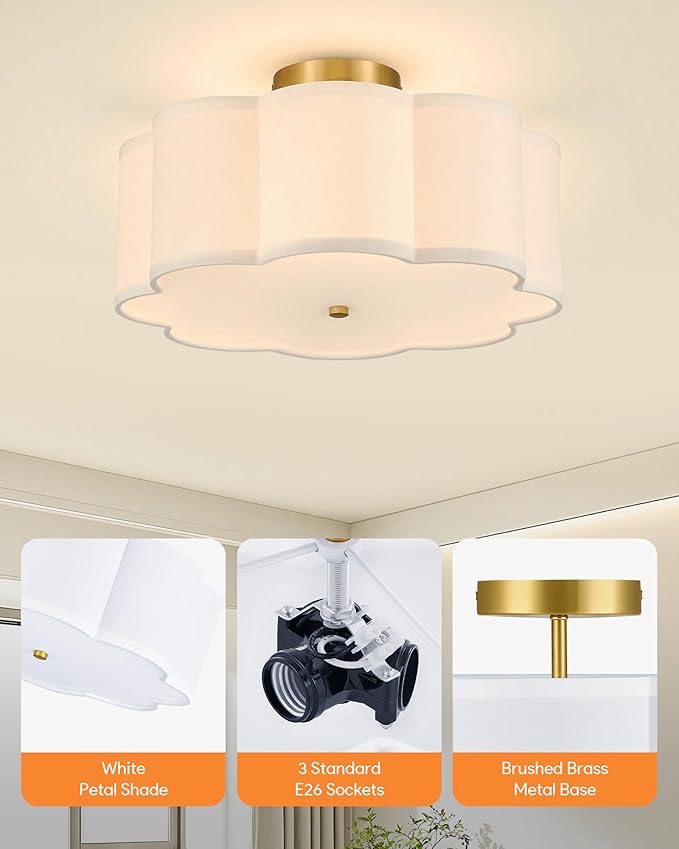 VONLUCE Semi-Flush Mount Ceiling Light, 15.7" Modern 3-Light Ceiling Light Fixture with White Petal-Shaped Shade 3 E26 Sockets for Bedroom Entryway Living Room, Gold Finish, ETL Certificated - Aura Lighting