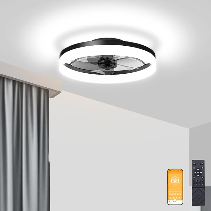 VOLISUN Low Profile Ceiling Fans with Lights and Remote, Fandelier Ceiling Fan Flush Mount, 3000K-6500K Smart Bladeless LED Fan Light, Black Modern Ceiling Fans with Lights for Bedroom - Aura Lighting