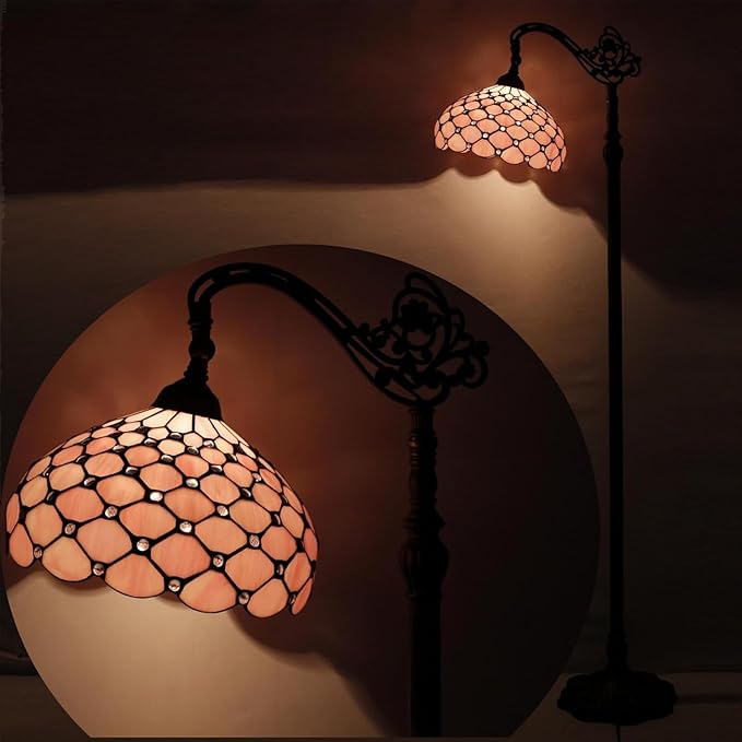 Tiffany Lamp Shade Replacement 12X6 Inch Stained Glass Lampshade Only 1-5/8-Inch Fitter Opening for Arched Floor Lamp, Torchiere Lamp, Pendant Light (Pink Pear Bead)