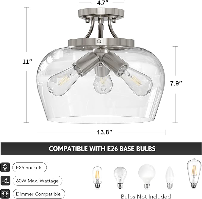 VONLUCE Semi Flush Mount Ceiling Light, 13.8" Ceiling Light Fixture with Clear Glass Shade, E26 Base, 3-Bulb Industrial Lighting Fixture for Hallway Entryway Bedroom, Brushed Nickel, ETL Certificated - Aura Lighting