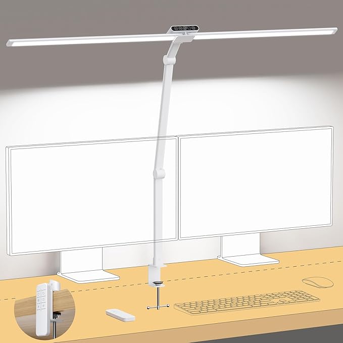 TROND LED Desk Lamp with Clamp, 29.55'' Tall Desk Light with Remote, 1500LM Bright Table Lamp, Swing Arm Clip on Light, Eye-Caring, Touch Control Dimmable for Home Office Monitor Reading Study Task - Aura Lighting