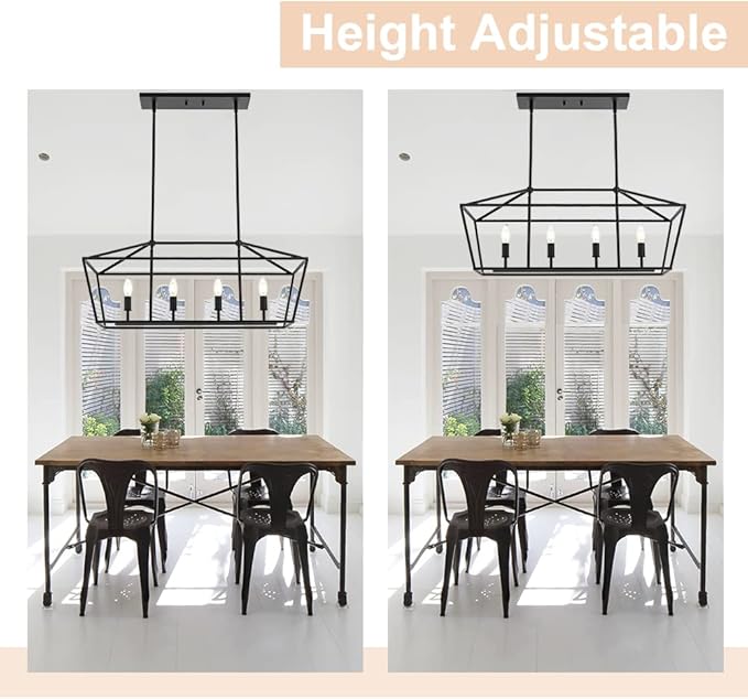 4-Lights Rustic Chandelier for Dining Room, 32-Inches Width Pendant Lighting for Kitchen Island in Black Finish