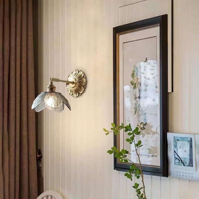 Modern Brass Wall Sconce Flower-Shaped Water Pattern Glass Wall Light Fixture Adjustable Bedside Wall Lamp, Japanese Style Wabi Sabi Polished Brass Wall Sconces for Bedroom Living Room