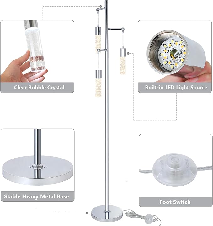 Bubble Crystal Floor Lamps for Living Room, Industrial Modern Standing Lamp with 3 Built-in LED Lights, ON/Off Foot Switch, 65IN Tall Tree Floor Lamp for Bedroom Corner Home Office, Silver