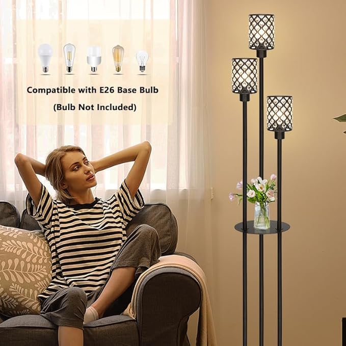 Gold Floor Lamps for Living Room, Standing Floor Lamp with shelves, Tall Lamp with Table, Modern Mid Century Floor Lamp with E26 Base, Coner Crystal Floor Light for Bedroom (Without Bulb) (Black)