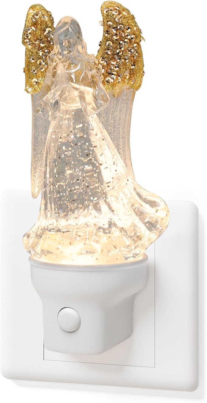 1 Pack Christmas Angel Night Light Plug into Wall Glitter Water Nightlight with USB/Outlet Options, Christmas Decorative Nightlight for Bedroom Kitchen Nursery Holiday Decorations Gifts (Angel)