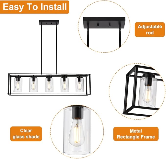 VINLUZ Farmhouse Chandeliers Rectangle Black 5 Light Dining Room Lighting Fixtures Hanging, Kitchen Island Cage Pendant Lights Contemporary Modern Ceiling Light with Glass Shade Adjustable Rods - Aura Lighting