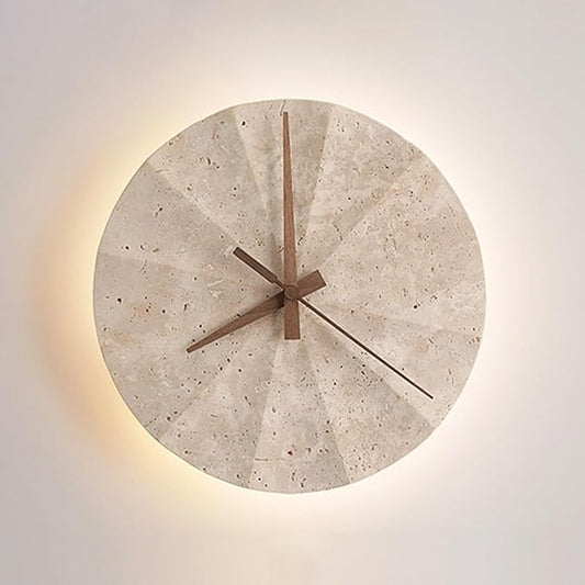 Round Natural Stone Wall Sconce, Creative Clock Design Yellow Travertine Wall Lamp, 3000K Warm Light LED Wall Light Fixture, Japanese Style Wabi-Sabi Art Lighting Fixture for Bedroom(30cm)
