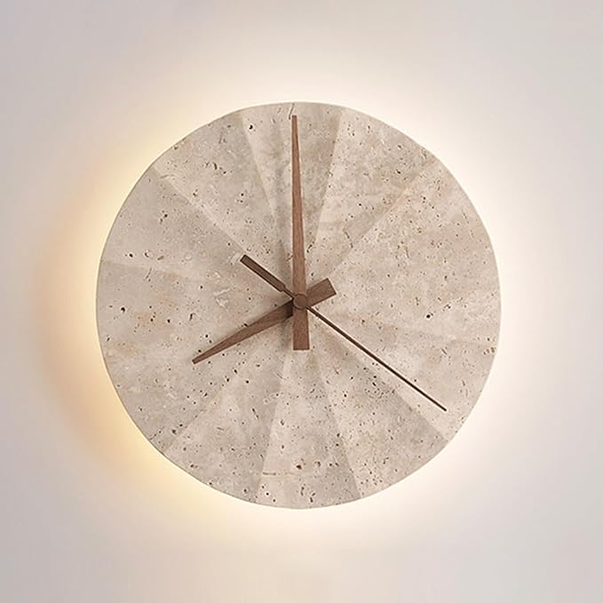 Round Natural Stone Wall Sconce, Creative Clock Design Yellow Travertine Wall Lamp, 3000K Warm Light LED Wall Light Fixture, Japanese Style Wabi-Sabi Art Lighting Fixture for Bedroom(23cm)