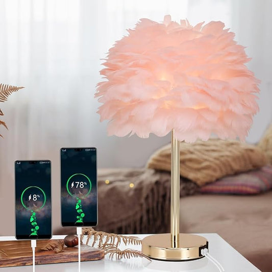 ZYLEIESENBAO Pink Feather USB Charger Table Lamp Feather Bedside Lamp Cute Nightstand Lamp with Outlets Princess Desk Light for Girl Bedroom Living Room Entryway Hotel Wedding Women's Gift Decoration - Aura Lighting