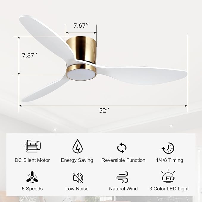 reiga 52 Inch Flush Mount White Ceiling Fan with Light Remote Control, Quiet DC Motor Low Profile 3 Wood Blade Modern Ceiling Fans for Patio Kitchen Living Room Bedroom - Aura Lighting