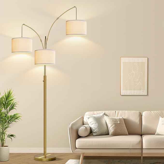 Nintiue Dimmable Floor Lamp - 3 Lights Brass Floor Lamps for Living Room Linen White Shades & Heavy Base, Mid Century Tree Floor Lamp for Bedroom Office, 3 LED Bulbs Included