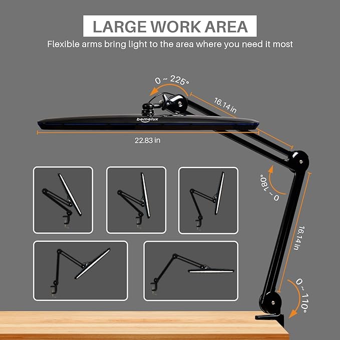 Task Lamp with Clamp, 23 Inch Lamp Head, Bright 182PCS LEDs,5 Color Temperatures, 5 Brightness Levels, Metal Swing Arm 24W 2200 Lumen Dimmable Led Desk Lamp (Black, CCT)