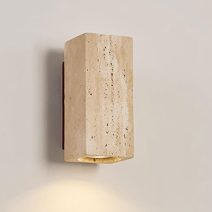 Nordic Modern Marble Wall Sconce, Natural Stone Lampshade with Wooden Base, Yellow Travertine Wall Lamp, Japanese Style Wabi-Sabi Art Lighting Fixture for Bedroom Bedside Hallway Entryway