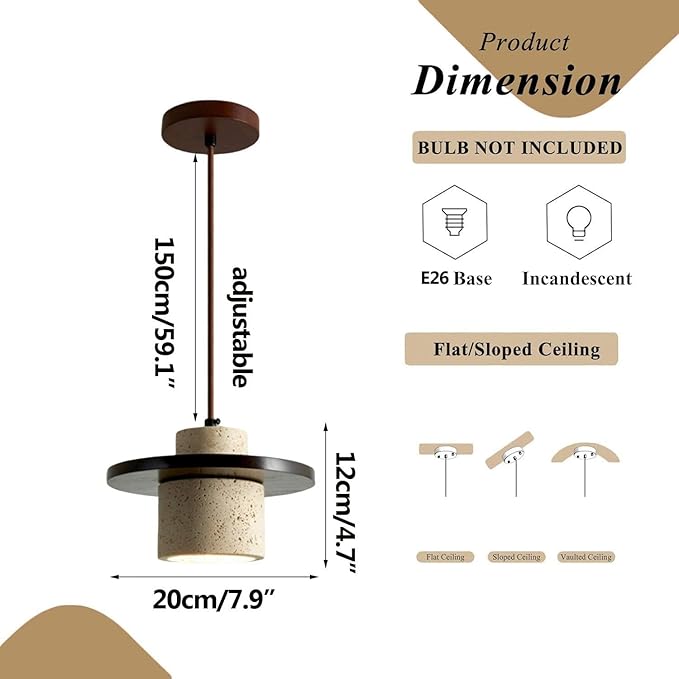 Wabi Sabi Pendant Light Natural Stone Retro Japanese Style Yellow Travertine Pendant Lighting Vintage Mini Wood Nordic Hanging Light Adjustable For Kitchen Island & Dining Room