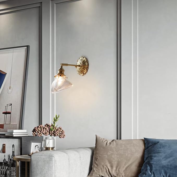 Elegant Brass Wall Sconce Modern Adjustable Home Decor Lighting Fixture with Striped Green/Clear Glass Shade, Japanese-Style Wabi Sabi Polished Brass Hardwired Sconces for Bedroom