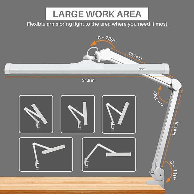 LED Architect Desk Lamp, 4500 Lumens, Dimmable, Metal Swing Arm, 5 Color Temperatures, 50W, Ideal for Task Work, Drafting, Reading, Clamp-on Office Table Lamp with 684 Bright LEDs (White, CCT) - Aura Lighting