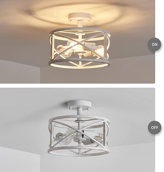 WUZUPS Chandelier 3-Light Vintage Farmhouse Industrial Semi-Flush Mount Ceiling Light Lighting Fixture for Foyer Bedroom Hallway Storage Room Kitchen Bathroom, H 9.4" x W 12", E26 Base, Antique White