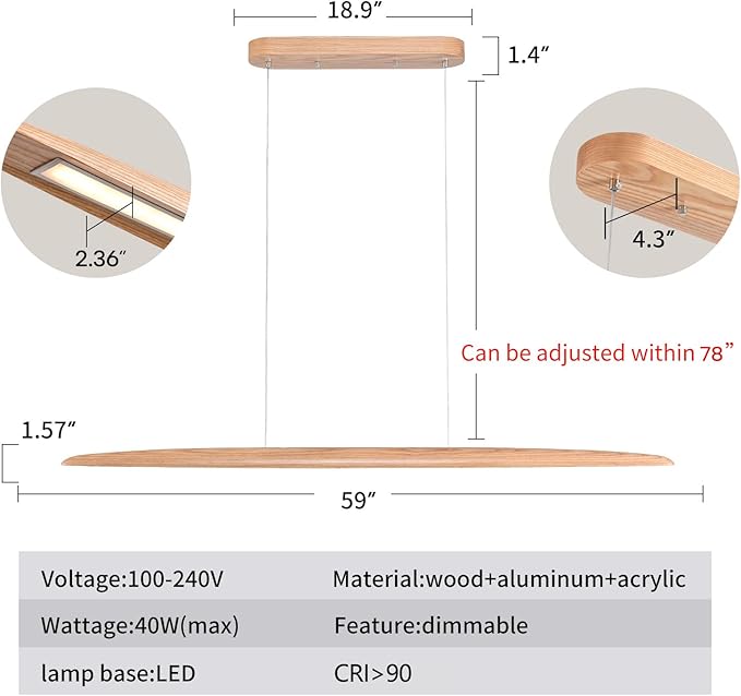 59" 40W Wood LED Linear Pendant Light Fixture Led Dining Room Light Dimmable Hanging Light Fixture for Dining Room Kitchen Island Pool Table Lights Natural Ash - Aura Lighting
