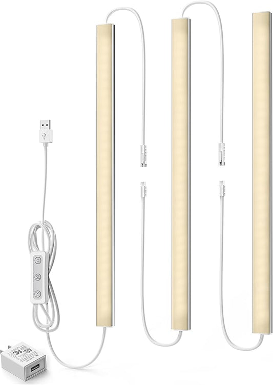 ASOKO HOME Dimmable USB Under Cabinet Lights - 3 Pack 12" Linkable LED Strips, 2700K Warm White for Kitchen, Desk, Workbench