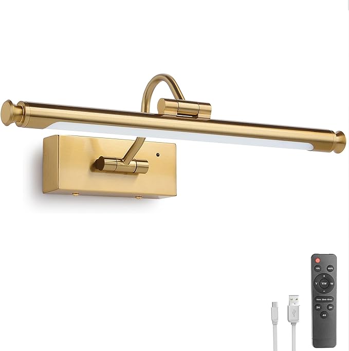 Wireless 15.7in Gold Brass Picture Light – Rechargeable LED Wall Art Lamp with Remote Control, Timer, Adjustable Arm, 3 Color Temperatures & Stepless Dimming, for Living Room and Gallery Lighting