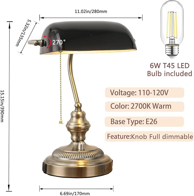 Rustic Banker's Desk Lamp Stepless Dimmable, Traditional Bankers Desk Lamp with USB Port and Outlet, Vintage Farmhouse Table Lamp for Home Office Library