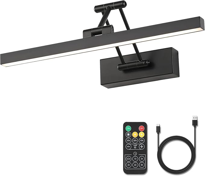 Rechargeable Lights for Pictures on Wall Battery Operated Black 15.7 Inch Wall Lights with Swing Arm and Timer Function Cordless Art Light with Remote Timer for Paintings,Gallery