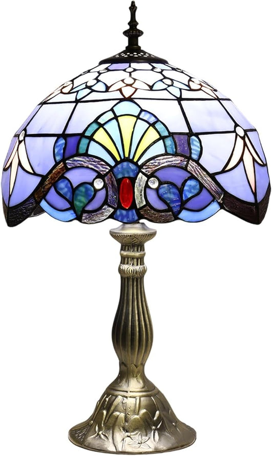 YingJu Tiffany Lamp,Blue Stained Glass Lamp,12X12X19 Inches Vintage Table Lamp for Bedroom,Living Room,Home Office（Including 2 LED Bulbs） - Aura Lighting