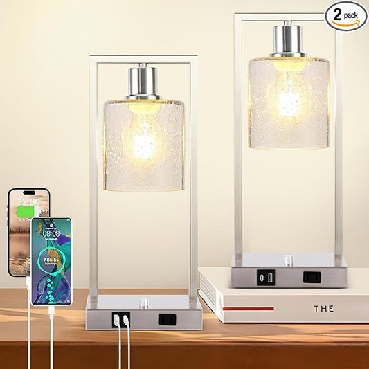 16" Set of 2 Nickel Industrial Table Lamps with USB A+C Charging Ports and AC Outlet, Fully Stepless Dimmable Bedside Lamps with Seeded Glass Shade for Bedroom Living Room Office, LED Bulbs Included
