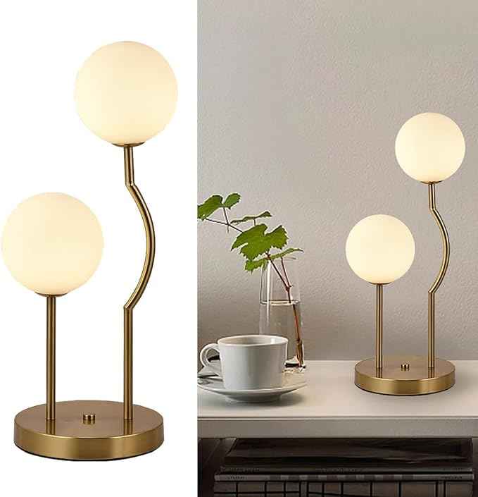 Mid Century Gold Globe Table Lamp 2-Light Orb Modern Beside Desk Table Light with Milk White Glass Shade Metal Base Nightstand Lamp for Bedroom Bedside