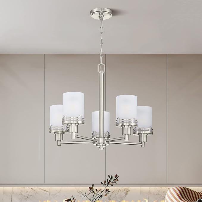 Doraimi Lighting 5 Light Fashion Kitchen Island Frosted Glass Shade+Hollow Metal Shade Chandelier Light Fixture,Brushed Nickel Finish Dining Room Living Room Corridor Bedroom - Aura Lighting
