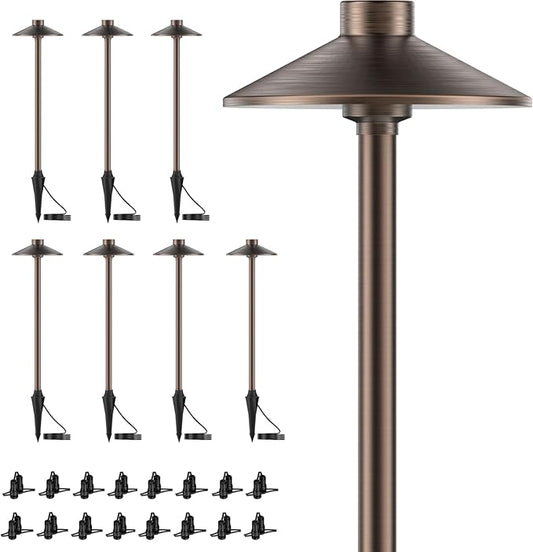 ZONEGRACE 8 Pack Solid Brass Low Voltage Pathway Lights,Outdoor Wired LED Landscape Path Lights,AC/DC 12V Bronze Pathway Lighting for Walkway Garden Yard,UL Listed Cord,Without Replacement Bulbs - Aura Lighting
