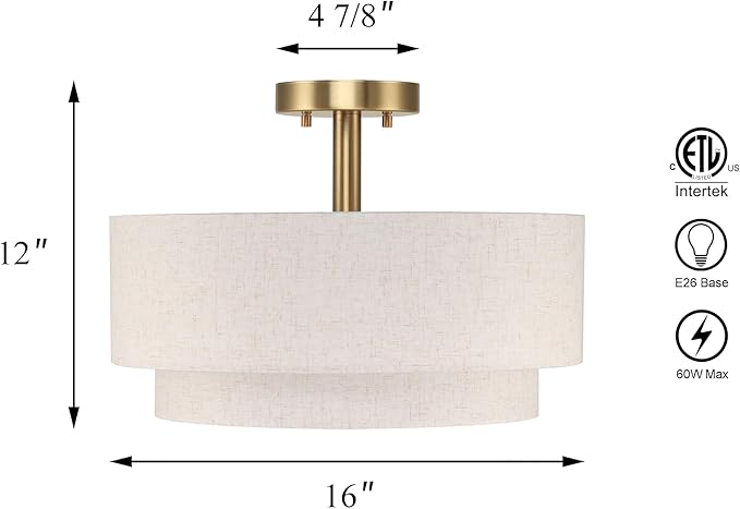 XiNBEi Lighting 16inch Semi Flush Mount Ceiling Light, 3-Light Brass Double Drum Light Fixture with Linen Shade Close to Ceiling Lamp for Bedroom Living Room Kitchen XB-SF1289-BS