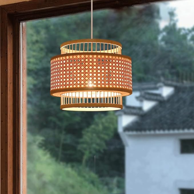 Double Layer Bamboo Pendant Light, Handwoven Japanese Zen Wabi Sabi Hanging Lamp, Natural Chandelier,Country-Style Dining Room LightFixture for Tea Room Guesthouse Living Room