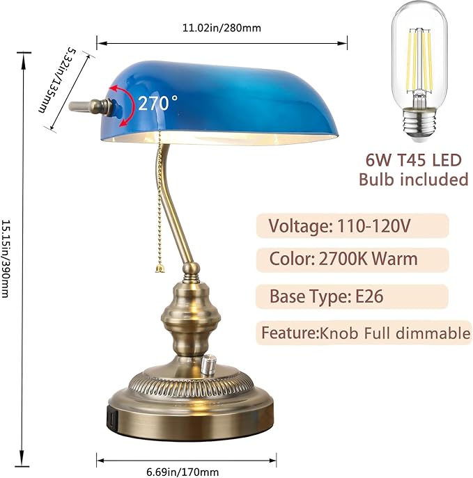 Rustic Banker's Desk Lamp Stepless Dimmable, Traditional Bankers Desk Lamp with USB Port and Outlet, Vintage Farmhouse Table Lamp for Home Office Library